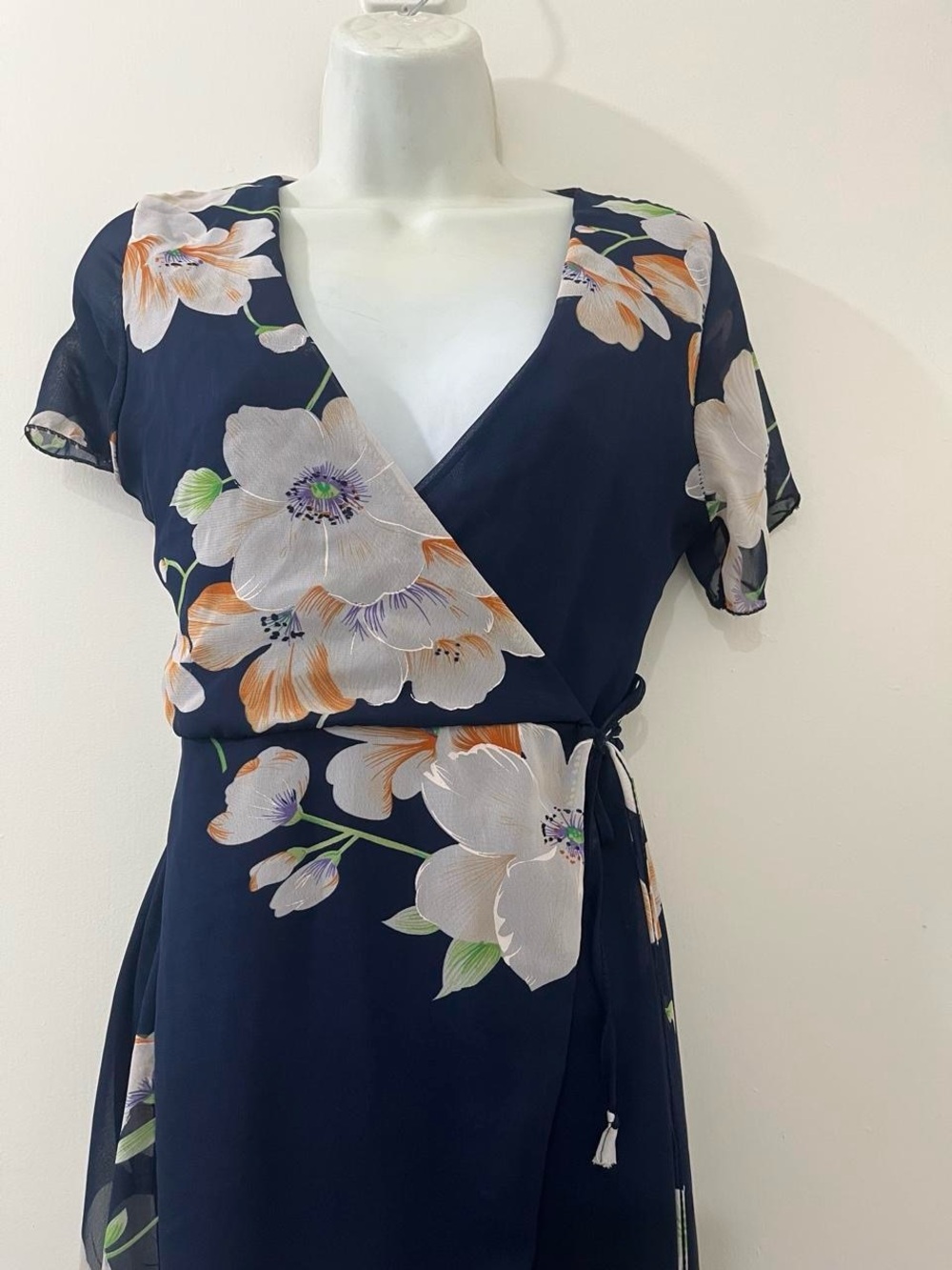 Navy Floral Wrap Maxi Dress with Tie Waist and Short Sleeves